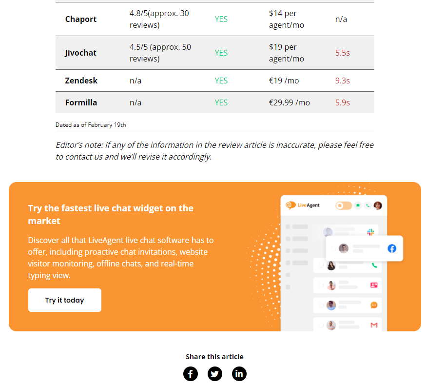A LiveAgent tartalomvégi CTA-ja