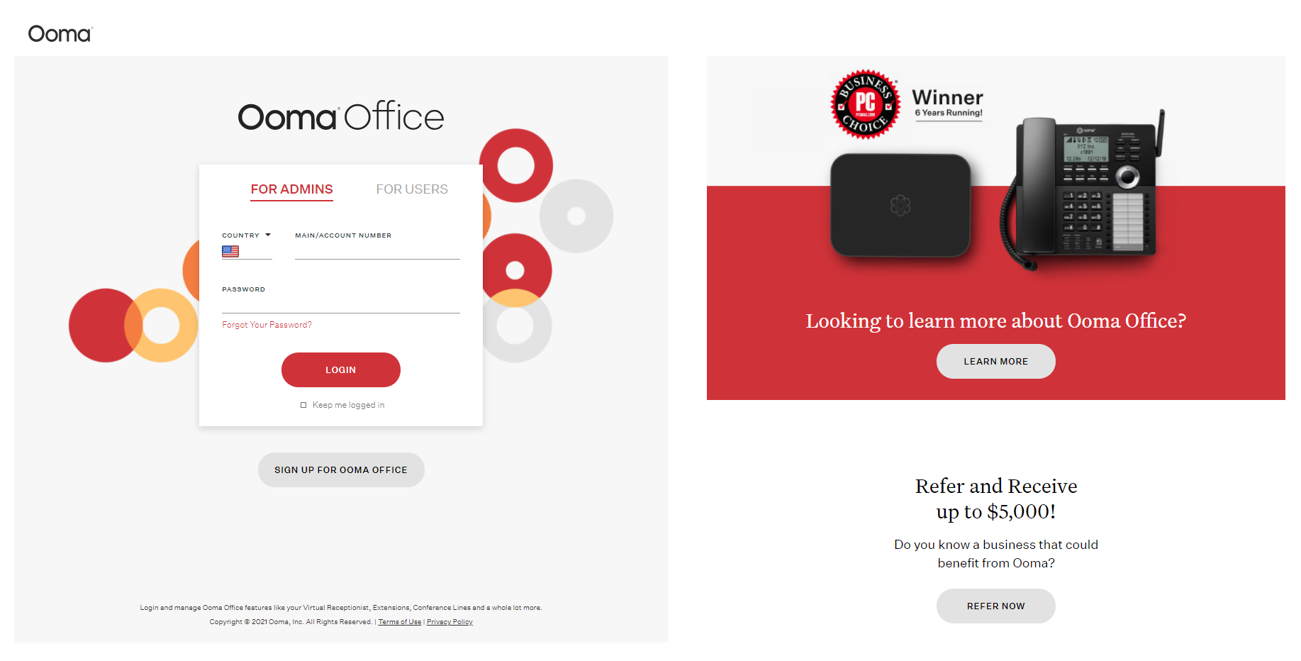 Az Ooma Office szolgáltató webhelye