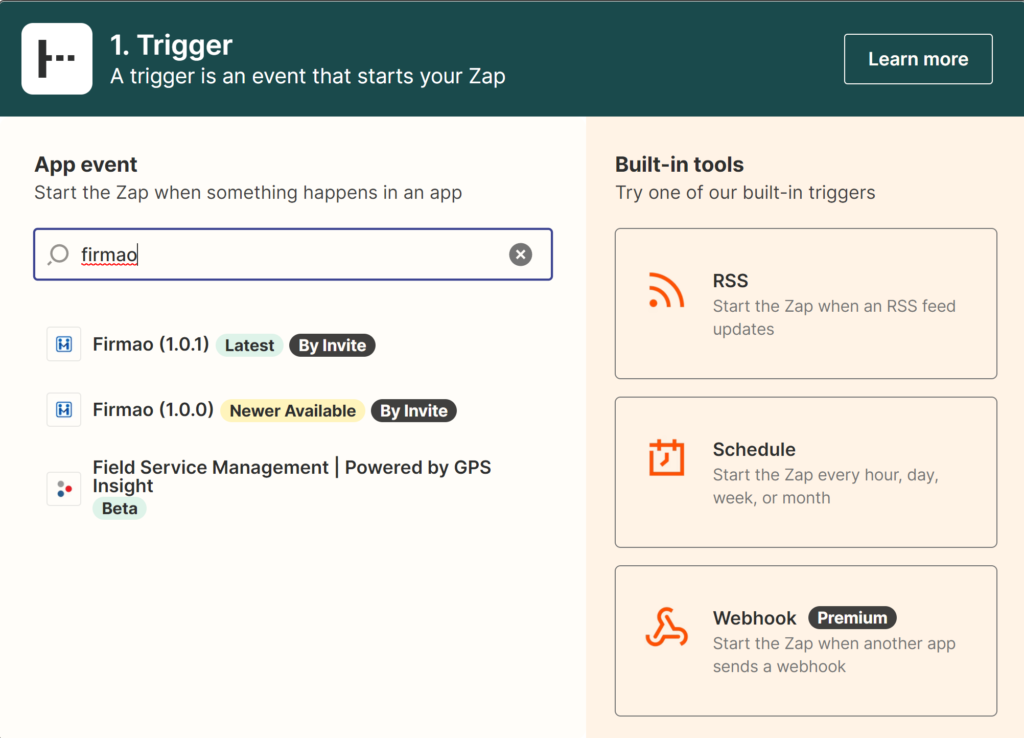 Egy kép, amely bemutatja, hogyan találja meg a Firmao integrációkat a Zapieren