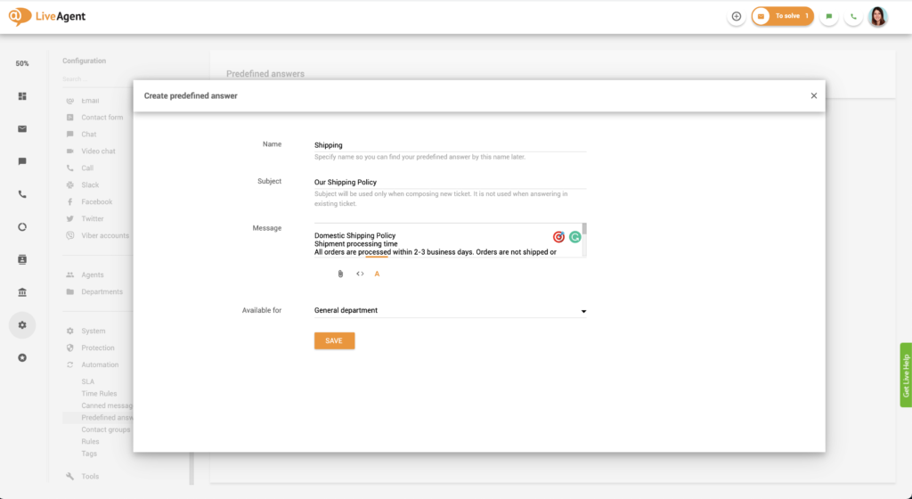 Előre meghatározott válaszok beállítása a LiveAgentben