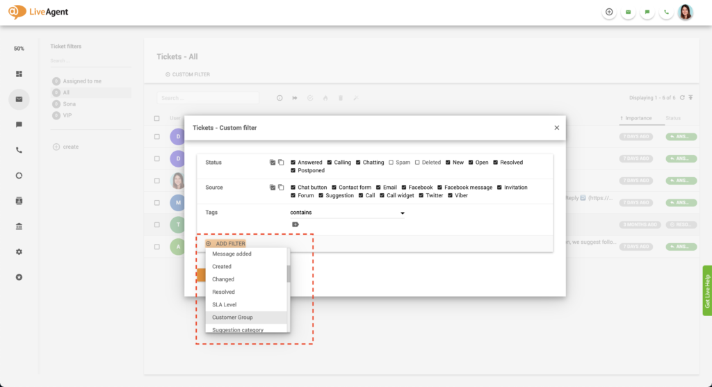 LiveAgent Ügyfélszűrő hozzáadása