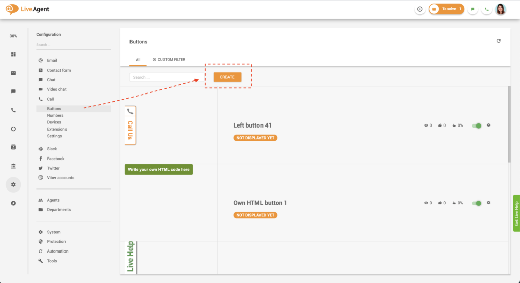 hívás gomb létrehozása a LiveAgentben
