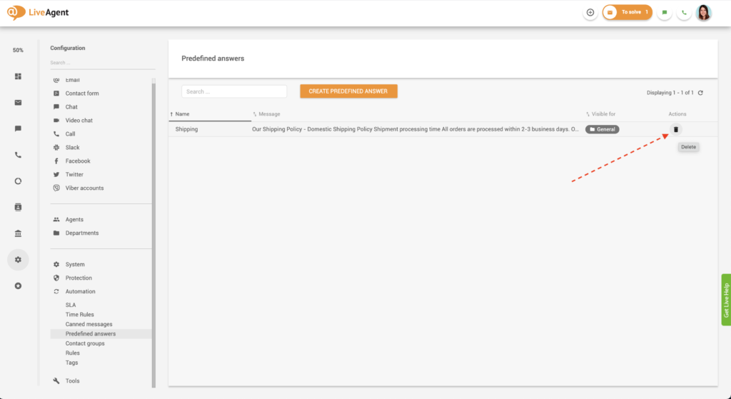 előre meghatározott válasz törlése a LiveAgentben
