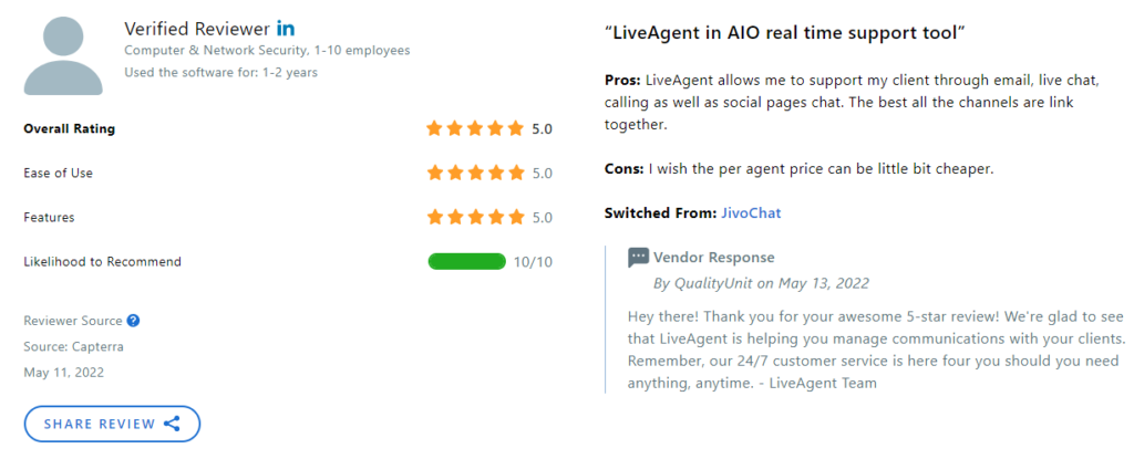 LiveAgent review on Capterra