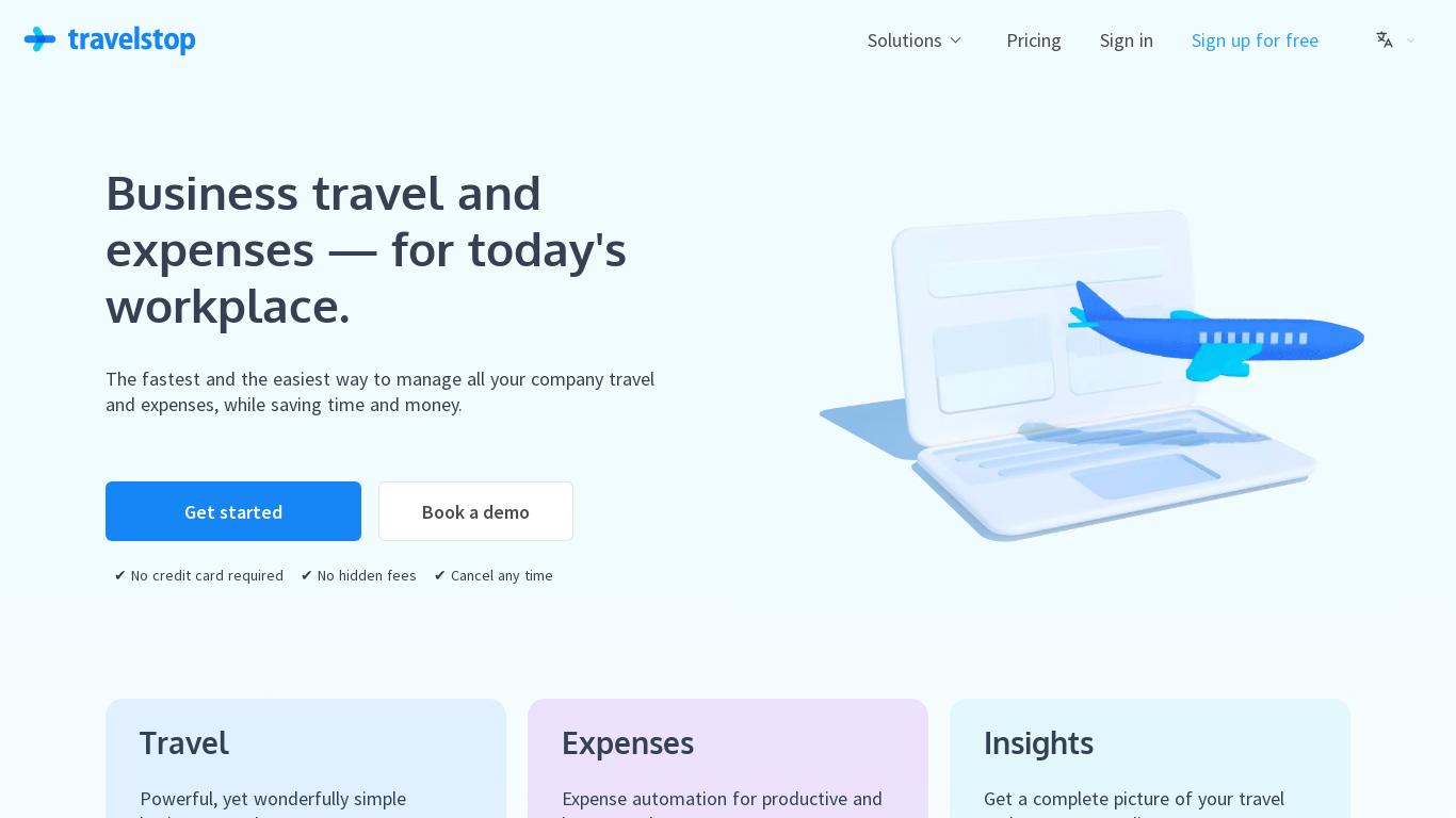 The given text is about a business travel management platform called Travelstop. It offers powerful and simple expense tracking, reporting, and unified travel and expense management in a single platform. The platform provides solutions for business travel and expenses in a convenient and efficient way. There are also language and currency options available. The platform offers free sign-up, and it can be used in multiple languages. Overall, Travelstop aims to simplify business travel management and expense tracking while saving time and money.