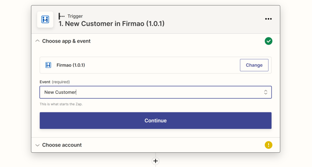 Egy kép, amely egy Firmao esemény kiválasztását mutatja a Zapier integrációs konfigurációja során