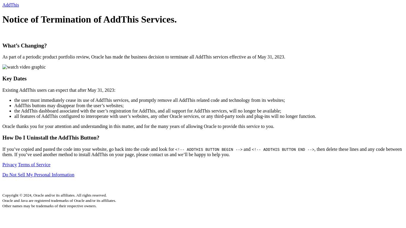Oracle will terminate all AddThis services on May 31, 2023. Users must remove all AddThis code from their websites, as it will no longer function.
