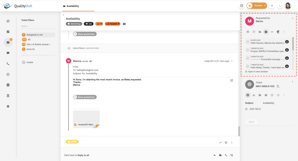 Kommunikációs előzmények szálakban – LiveAgent
