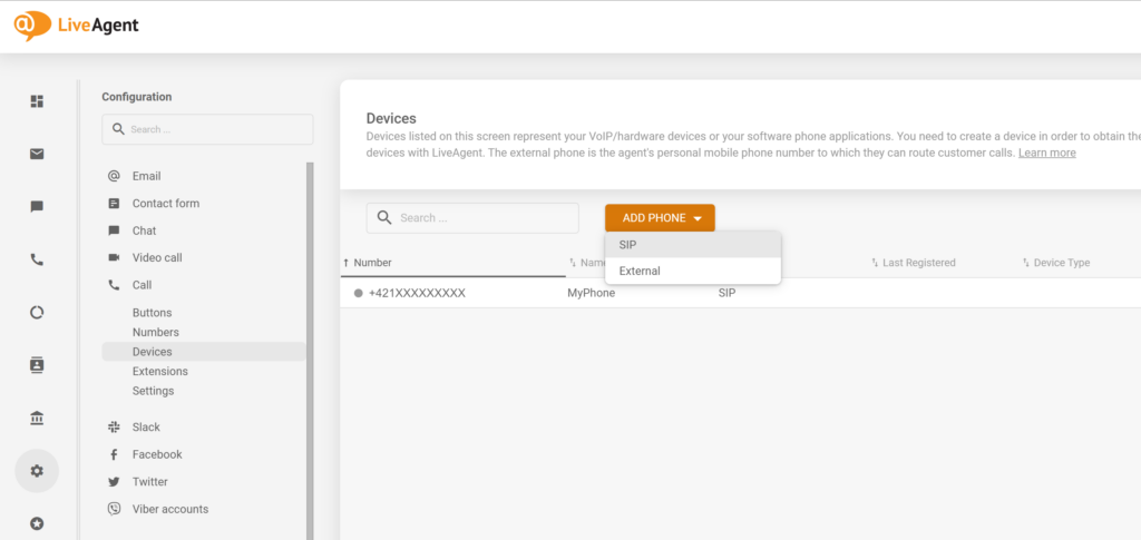 Egy kép, amely bemutatja, hogyan adhat hozzá új SIP-telefont a LiveAgent konfigurációhoz