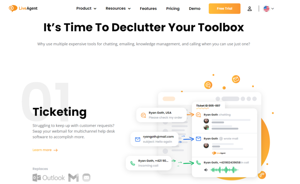 LiveAgent's tour page - ticketing