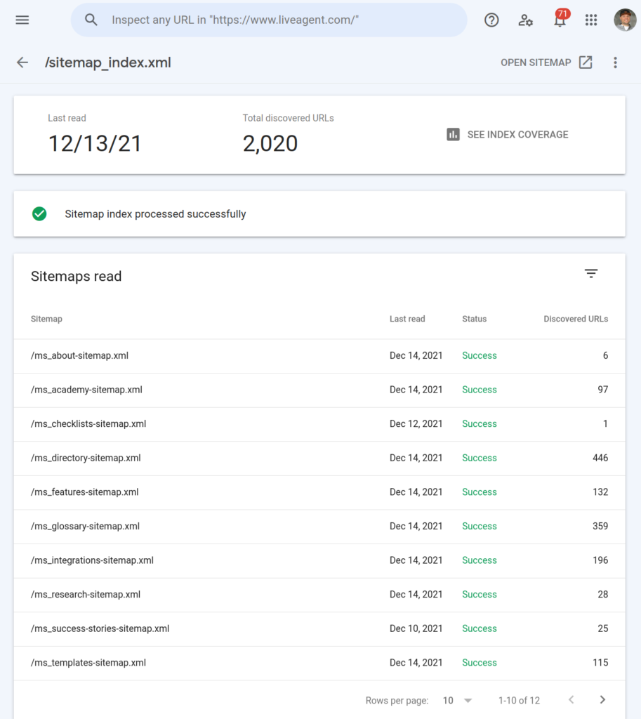 Google Search Console - Sitemap example