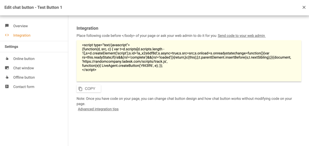 A LiveAgent alkalmazásban létrehozott chat gombkód