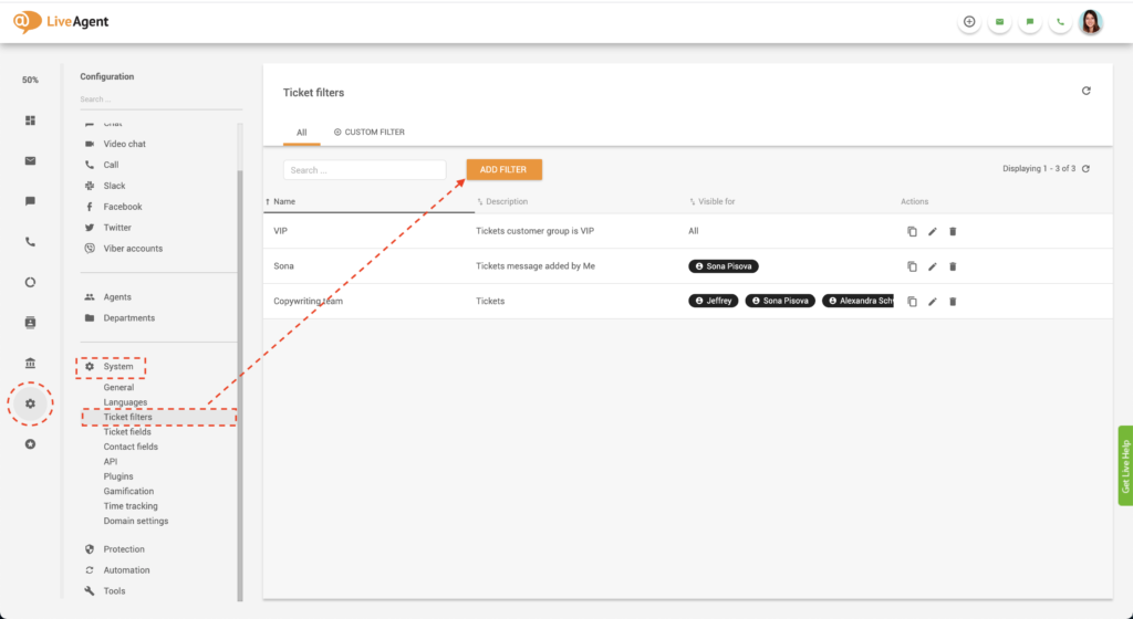 LiveAgent globális szűrő szerkesztése
