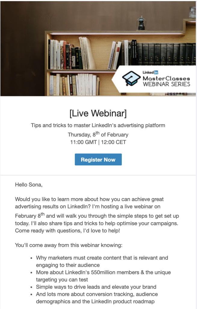 LinkedIn webinárium betekintés email sablon
