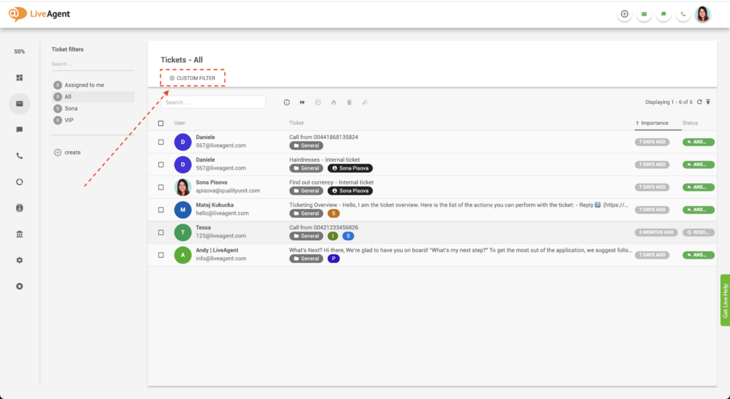 LiveAgent Egyedi szűrő