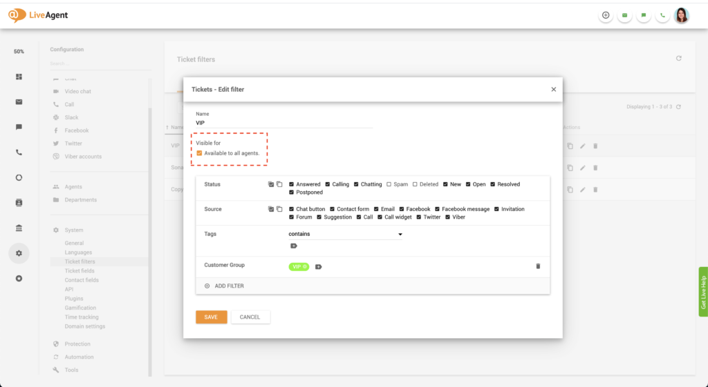 LiveAgent Globális szűrő szerkesztése