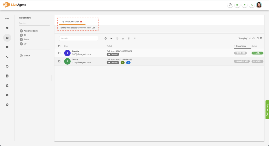 LiveAgent szűrt jegyek