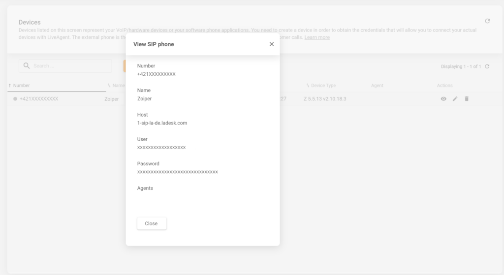 Egy kép, amelyen látható, hol találhatók a SIP-eszköz adatai a LiveAgentben