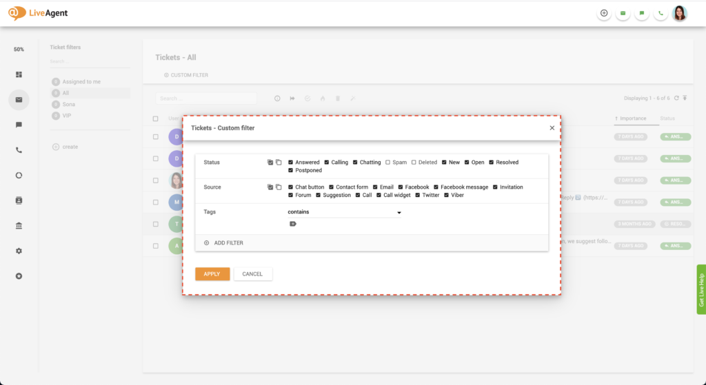 LiveAgent szűrő kiválasztása